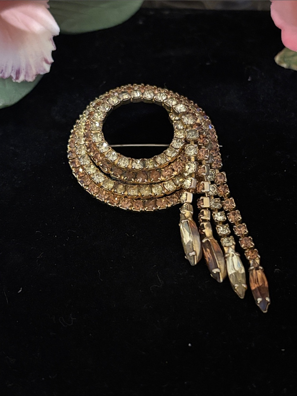 Golden Crystal Circular Dangle Brooch - Brown/Gold Accent